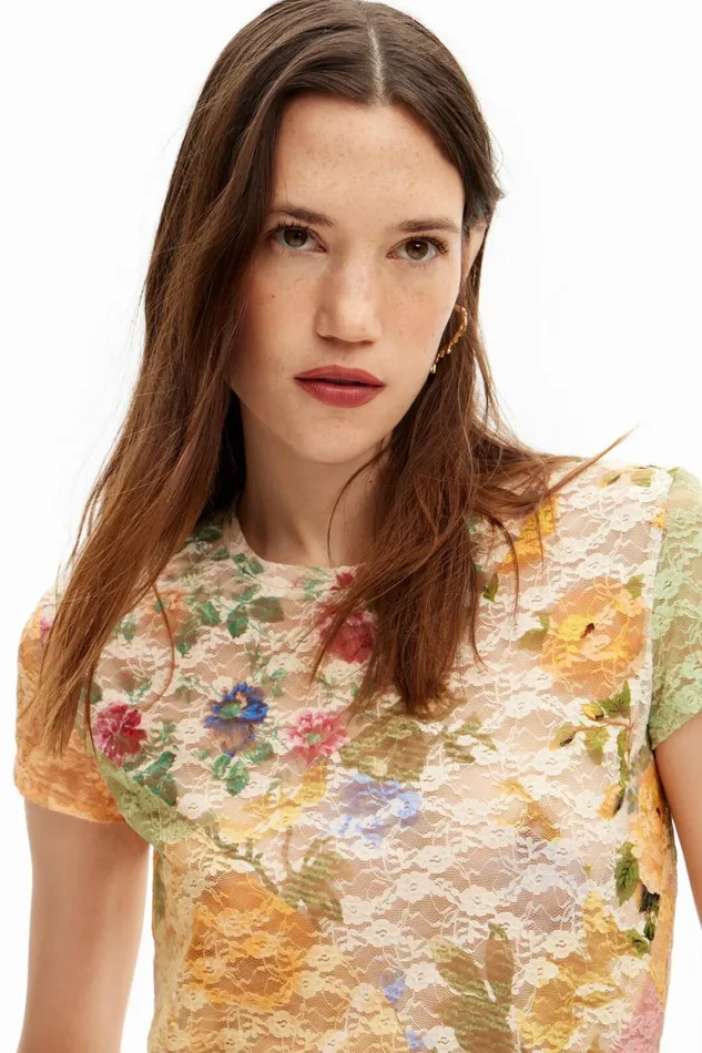 TShirts Women Desigual Lace Tshirt With Floral Pattern Materialfinishes