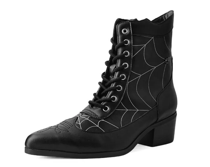 TUK Shoes Boots Women Black Victorian 8Eye Spiderweb Pointed Anarchic Heel