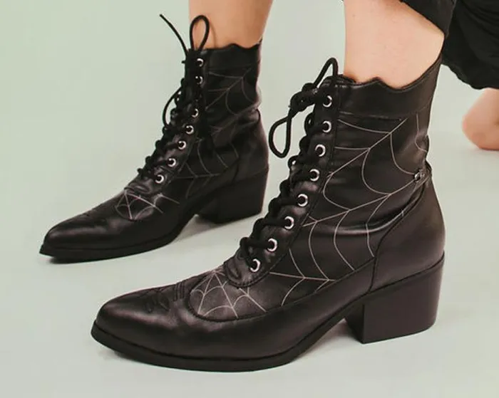 TUK Shoes Boots Women Black Victorian 8Eye Spiderweb Pointed Anarchic Heel TUK Shoes Boots Women Black Victorian 8Eye Spiderweb Pointed Anarchic Heel