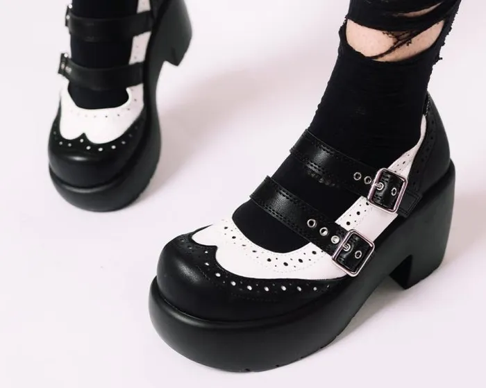 TUK Shoes Platforms Women Black and White Brogue Bubble Mary Jane TUK Shoes Platforms Women Black and White Brogue Bubble Mary Jane