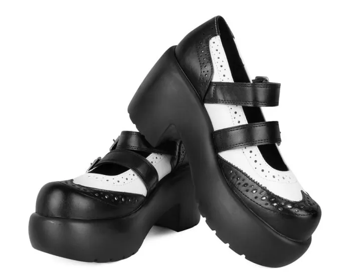 TUK Shoes Platforms Women Black and White Brogue Bubble Mary Jane TUK Shoes Platforms Women Black and White Brogue Bubble Mary Jane