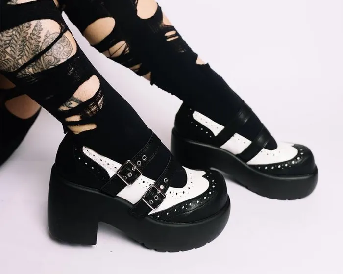 TUK Shoes Platforms Women Black and White Brogue Bubble Mary Jane TUK Shoes Platforms Women Black and White Brogue Bubble Mary Jane