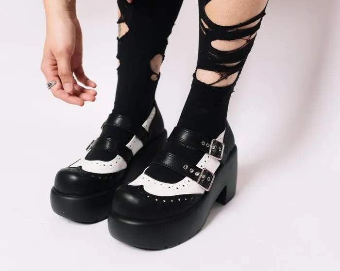 TUK Shoes Platforms Women Black and White Brogue Bubble Mary Jane TUK Shoes Platforms Women Black and White Brogue Bubble Mary Jane