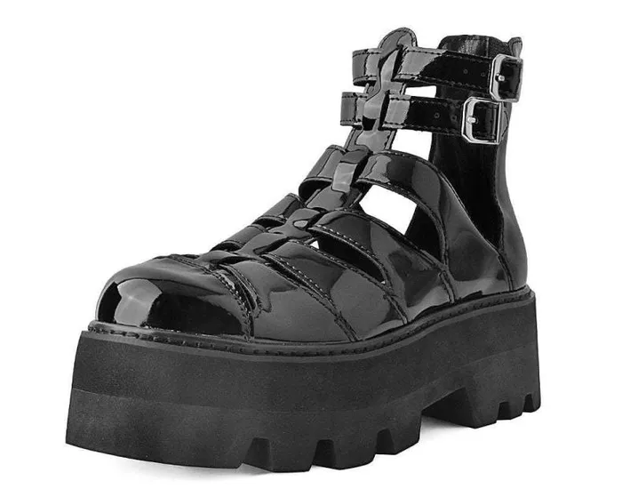 TUK Shoes Sandals Women Black Patent Gladiator Dino Lug Sandal