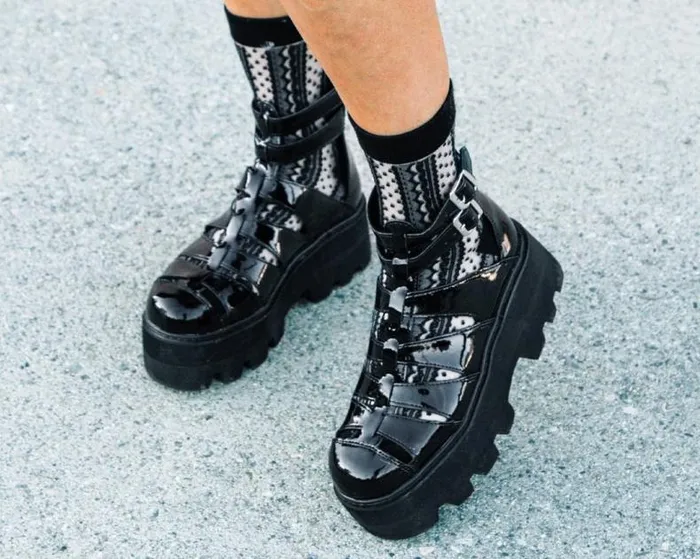 TUK Shoes Sandals Women Black Patent Gladiator Dino Lug Sandal