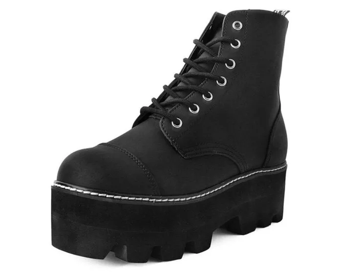 TUK Shoes Vegan Men Black Faux Leather 7Eyelet Dino Lug Sole Boots