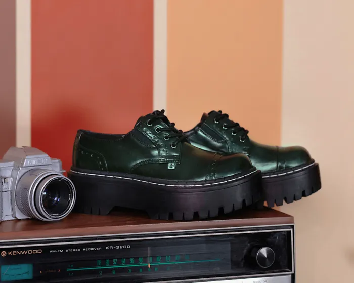 TUK Shoes Vegan Men Green RubOff Double Decker Brogue TUK Shoes Vegan Men Green RubOff Double Decker Brogue