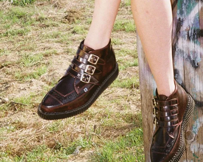 TUK Shoes Vegan Women Burgundy RubOff 3Buckle Pointed Creeper Boot TUK Shoes Vegan Women Burgundy RubOff 3Buckle Pointed Creeper Boot