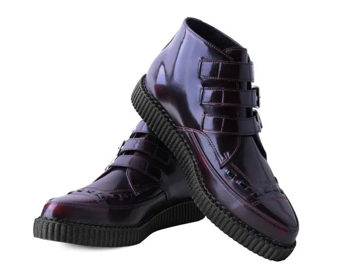 TUK Shoes Vegan Women Burgundy RubOff 3Buckle Pointed Creeper Boot TUK Shoes Vegan Women Burgundy RubOff 3Buckle Pointed Creeper Boot