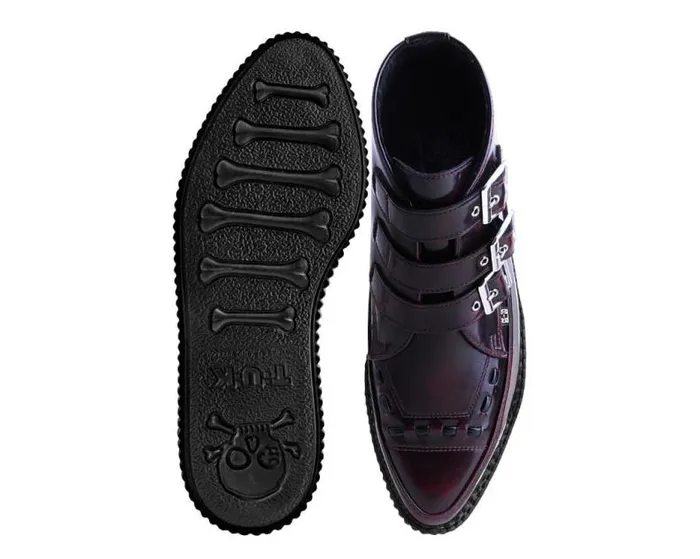TUK Shoes Vegan Women Burgundy RubOff 3Buckle Pointed Creeper Boot TUK Shoes Vegan Women Burgundy RubOff 3Buckle Pointed Creeper Boot