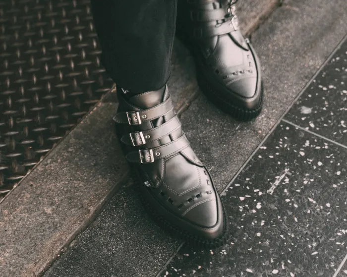 TUK Shoes Vegan Women Gunmetal and Black Trim Pointed Buckle Boot TUK Shoes Vegan Women Gunmetal and Black Trim Pointed Buckle Boot