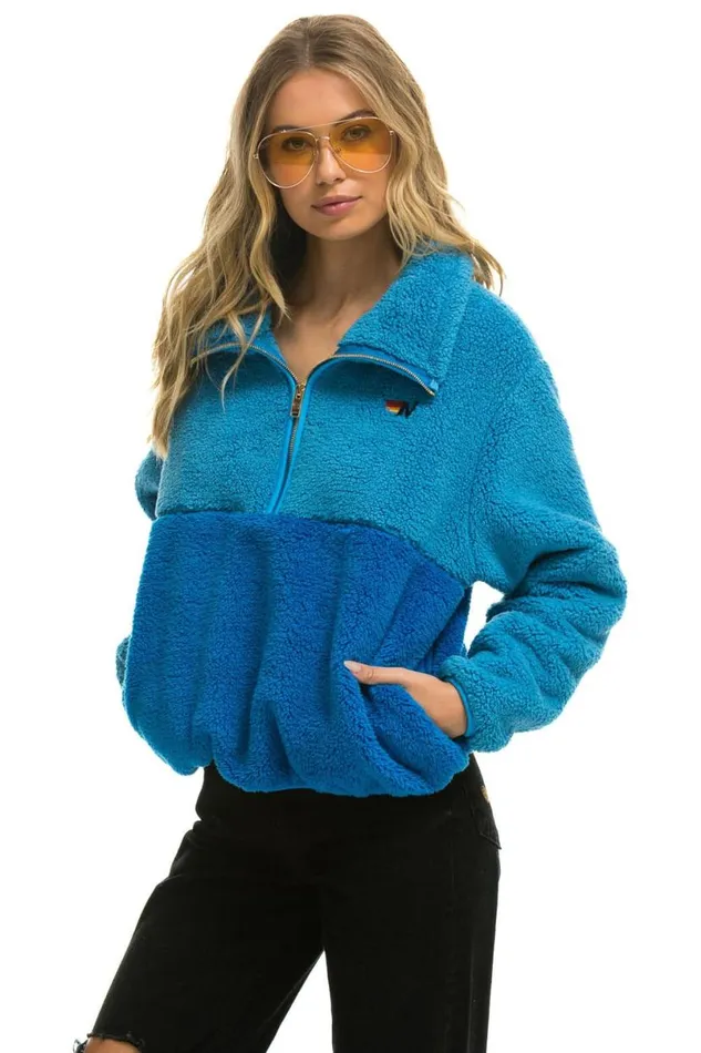 Teddy Apres Half Zip Color Block Jacket 8211 Ocean WomenMen Aviator Nation Teddy Jackets