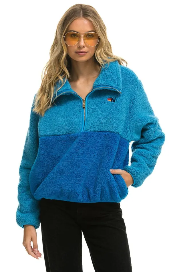 Teddy Apres Half Zip Color Block Jacket 8211 Ocean WomenMen Aviator Nation Teddy Jackets