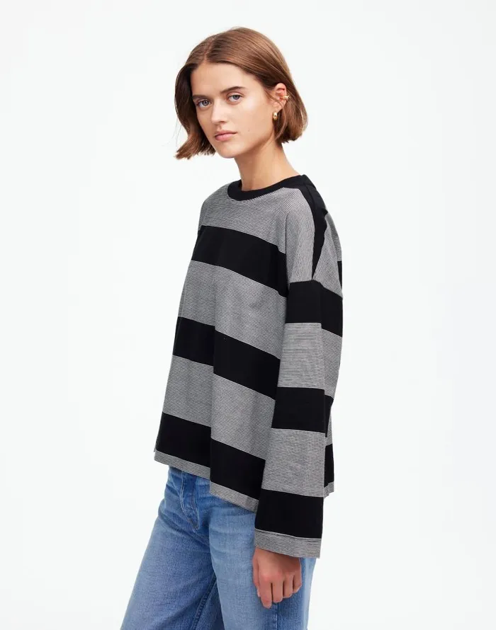Tees Women Madewell Oversized Crewneck LongSleeve Tee In Stripe Jet Black