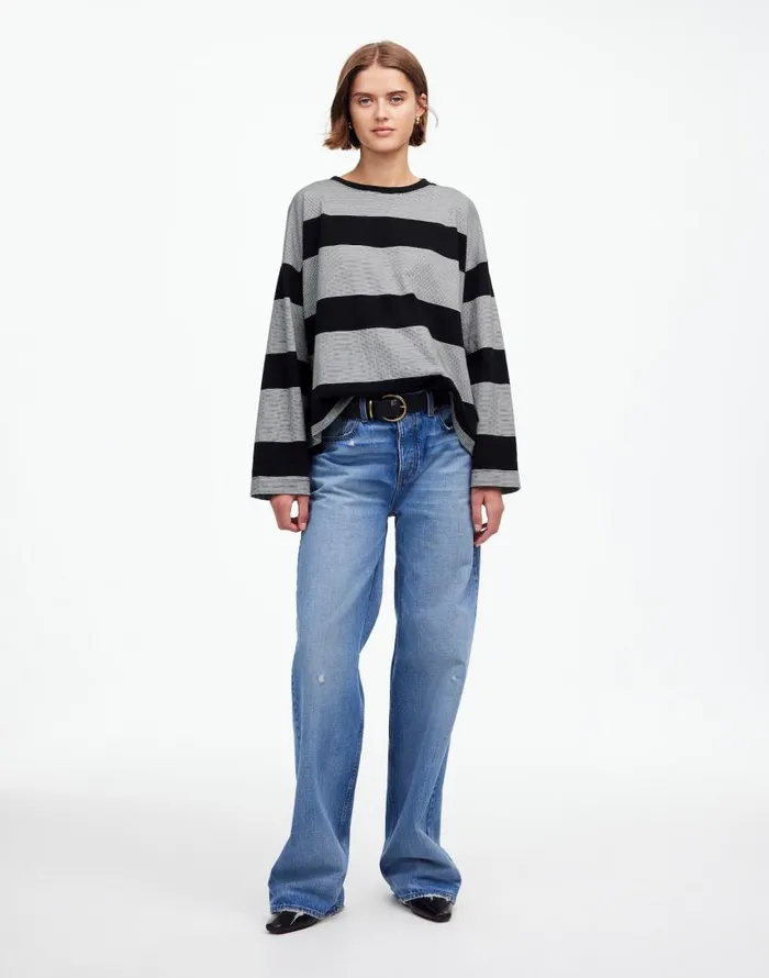 Tees Women Madewell Oversized Crewneck LongSleeve Tee In Stripe Jet Black
