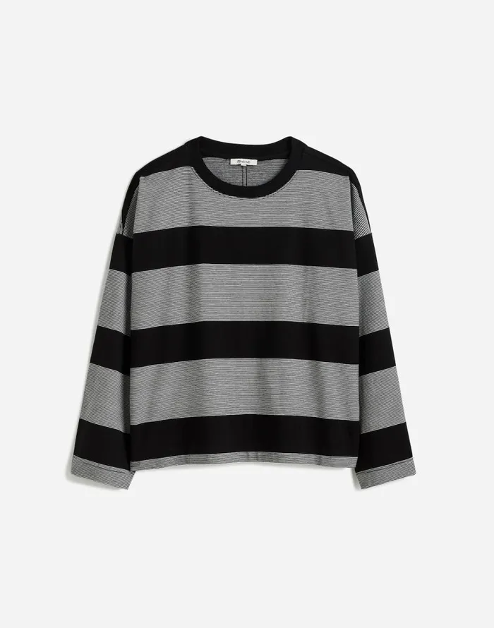 Tees Women Madewell Oversized Crewneck LongSleeve Tee In Stripe Jet Black