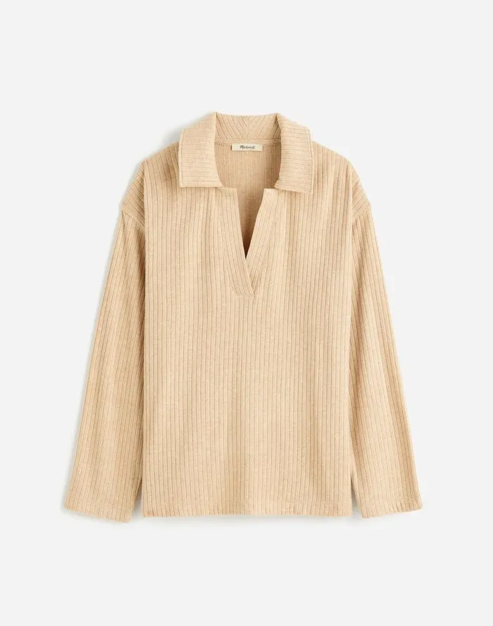 Tees Women Madewell Plus Relaxed LongSleeve Polo Tee Hthr Soft Fawn