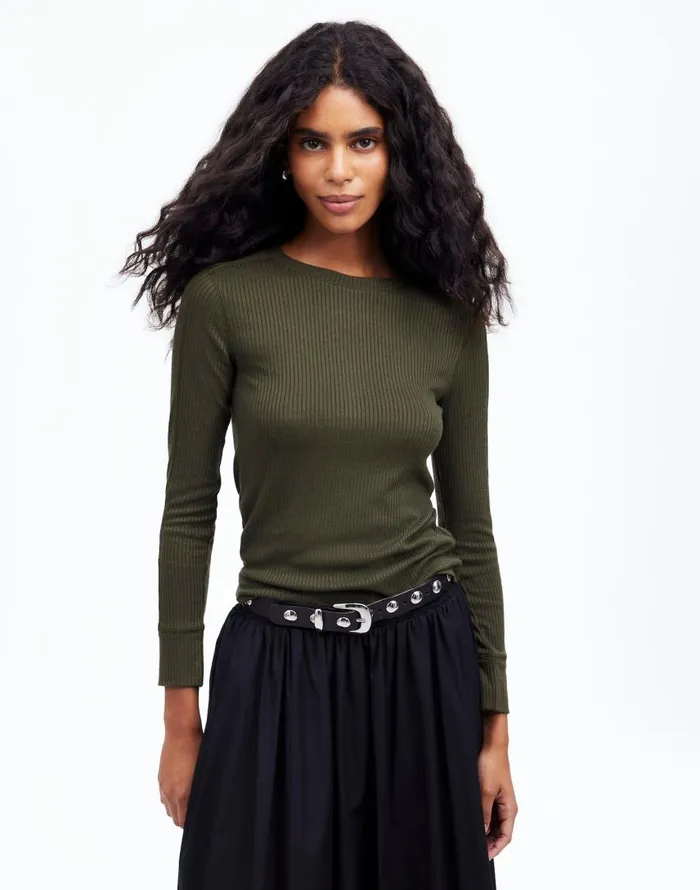 Tees Women Madewell Ribbed Crewneck LongSleeve Tee Mossy Umber