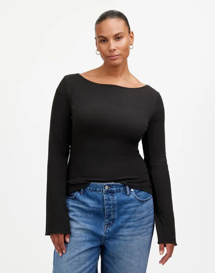 Tees Women Madewell Ribbed LongSleeve Boatneck Top Jet Black