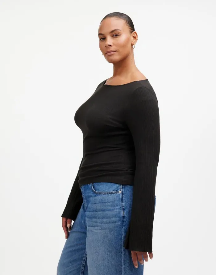 Tees Women Madewell Ribbed LongSleeve Boatneck Top Jet Black