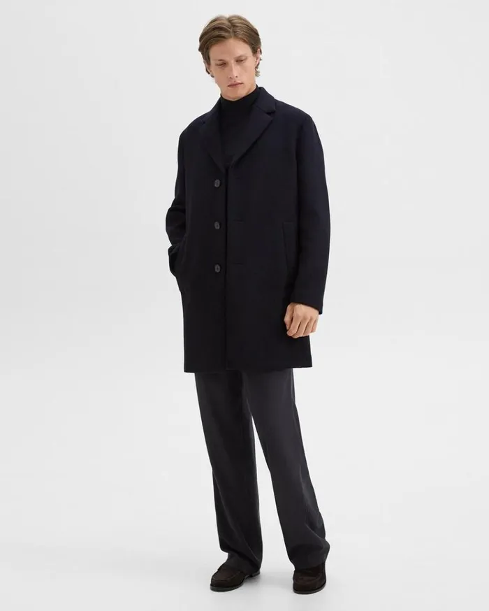 Theory 3Button Topcoat In Recycled WoolBlend Melton Baltic Men Outerwear