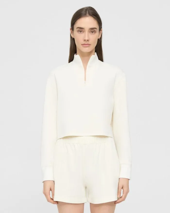 Theory Cropped HalfZip Sweatshirt In DoubleKnit Jersey Ivory Women Tops