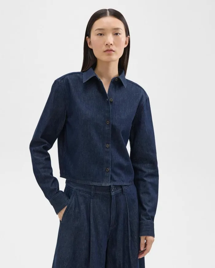 Theory Cropped Shirt In Denim Indigo Women Tops