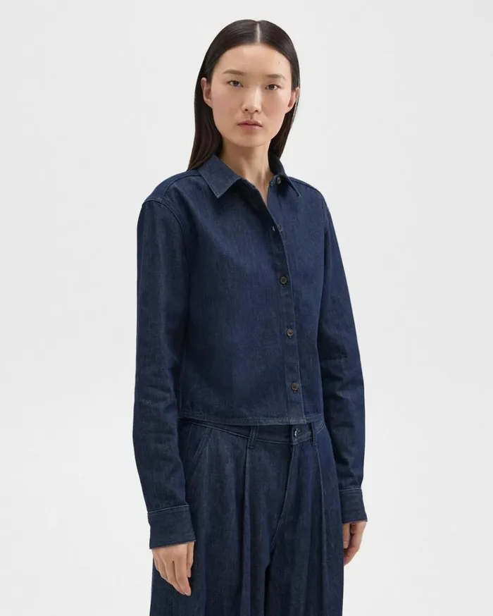 Theory Cropped Shirt In Denim Indigo Women Tops Theory Cropped Shirt In Denim Indigo Women Tops