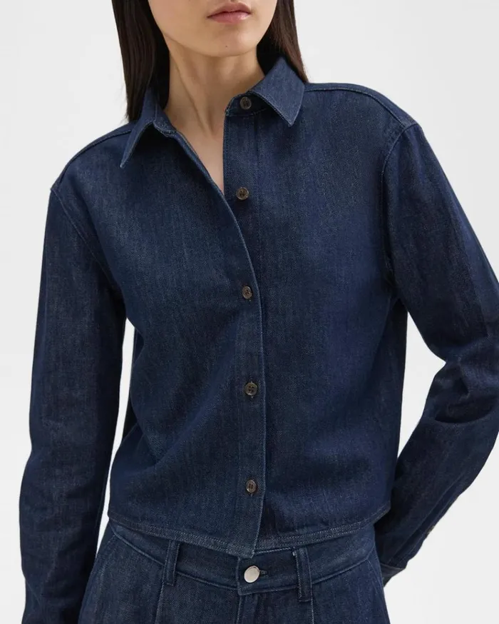 Theory Cropped Shirt In Denim Indigo Women Tops Theory Cropped Shirt In Denim Indigo Women Tops