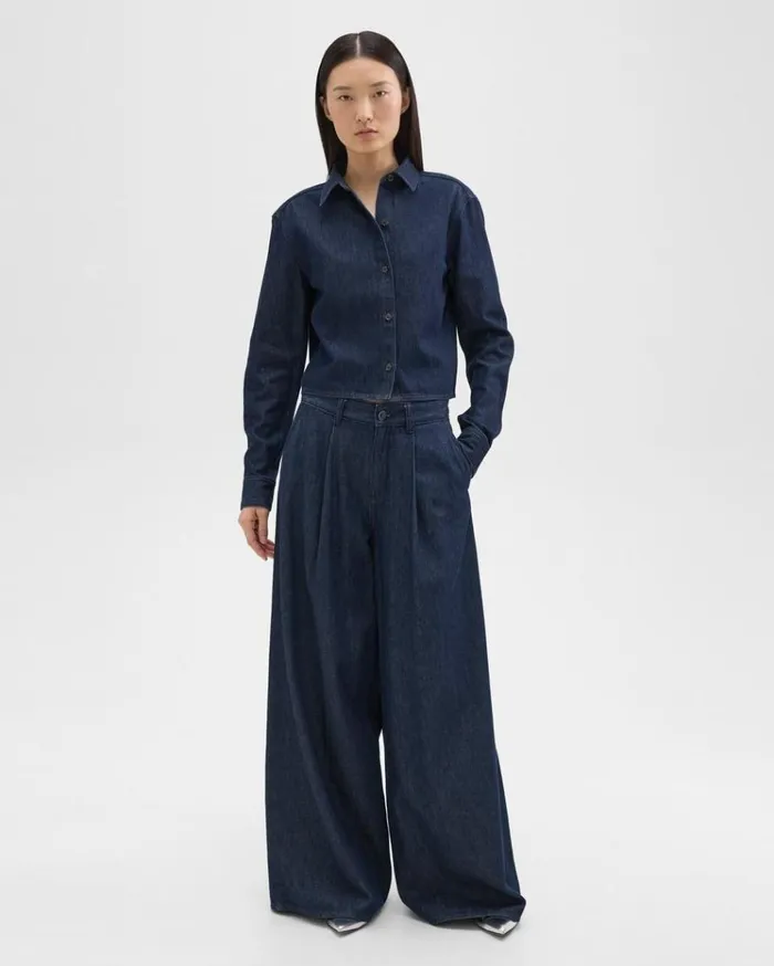 Theory Cropped Shirt In Denim Indigo Women Tops Theory Cropped Shirt In Denim Indigo Women Tops