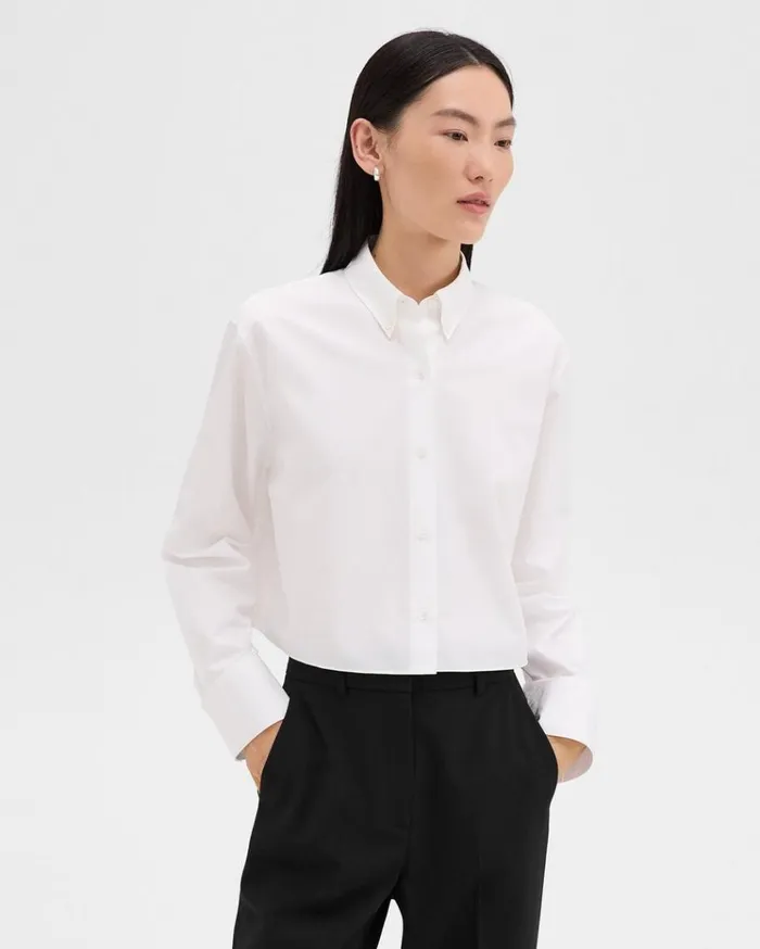 Theory Cropped Shirt In Good Cotton White Women Tops