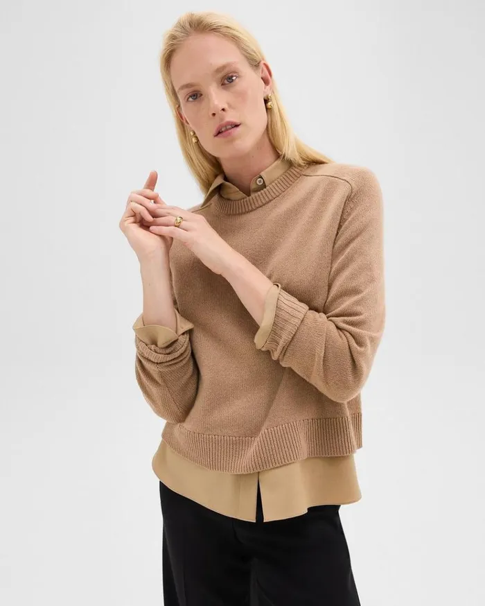 Theory Cropped Sweater In Cashmere Royal Camel Women Sweaters Cardigans