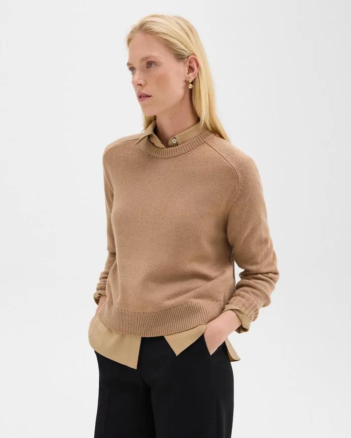 Theory Cropped Sweater In Cashmere Royal Camel Women Sweaters Cardigans