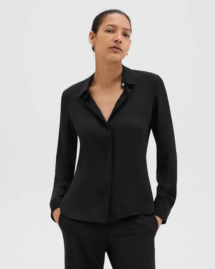 Theory Fitted Shirt In Silk Georgette Black Women Tops