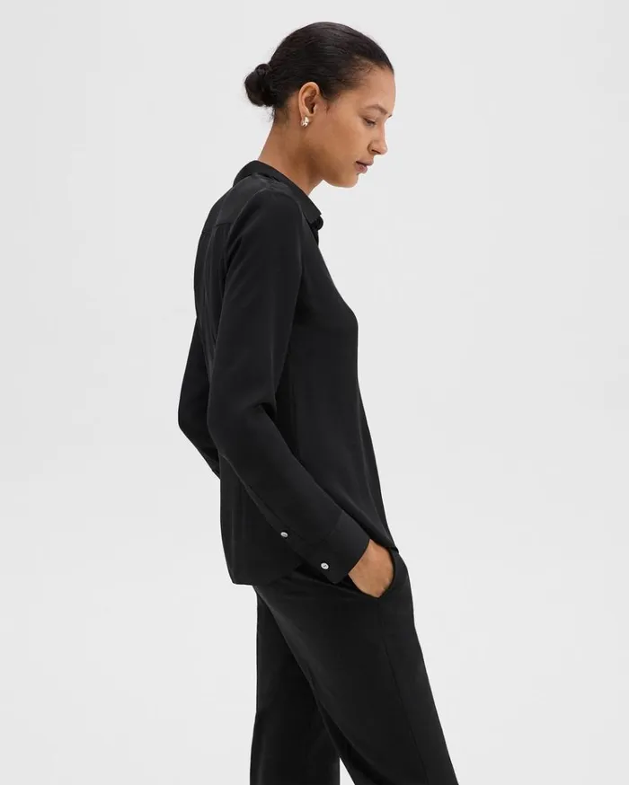 Theory Fitted Shirt In Silk Georgette Black Women Tops