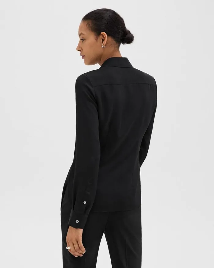 Theory Fitted Shirt In Silk Georgette Black Women Tops