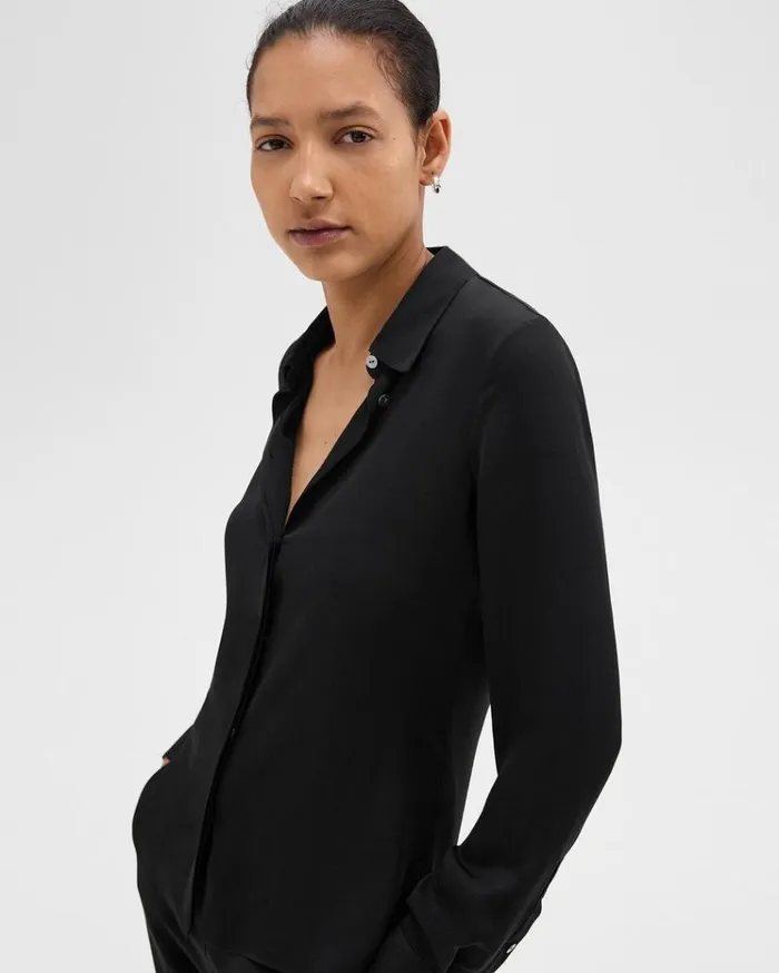 Theory Fitted Shirt In Silk Georgette Black Women Tops