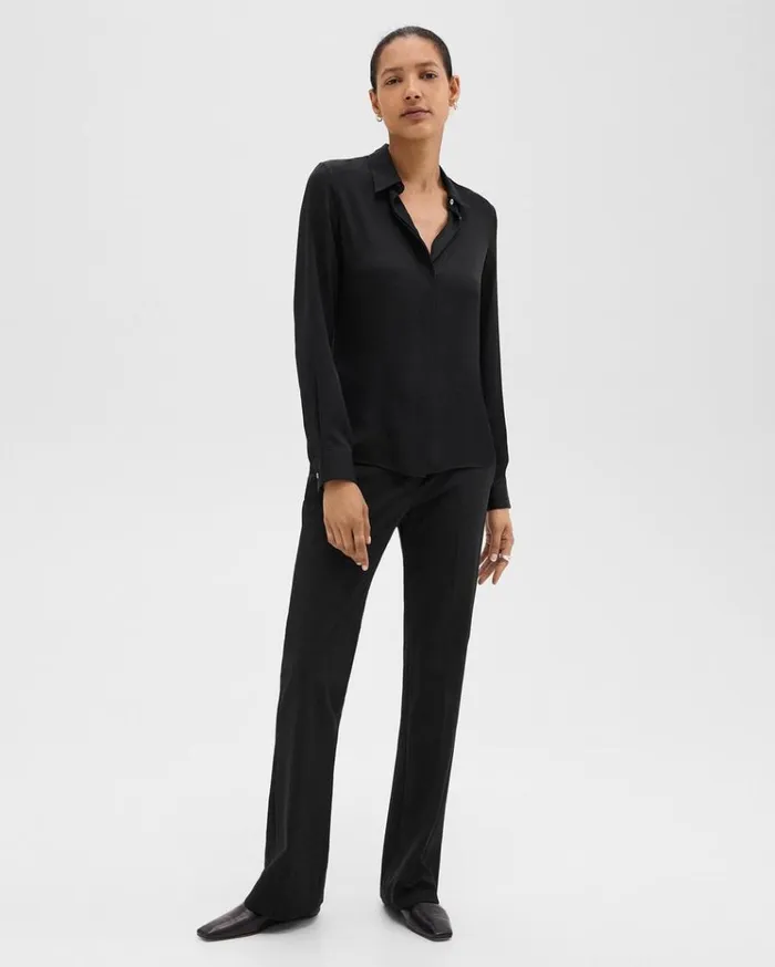 Theory Fitted Shirt In Silk Georgette Black Women Tops