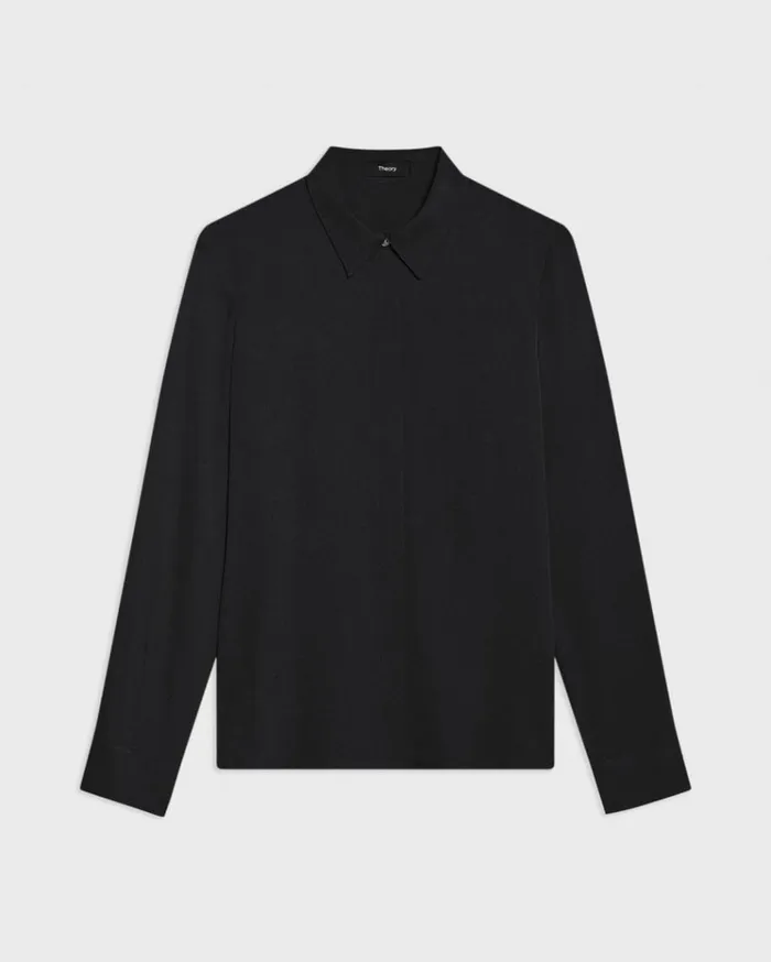 Theory Fitted Shirt In Silk Georgette Black Women Tops
