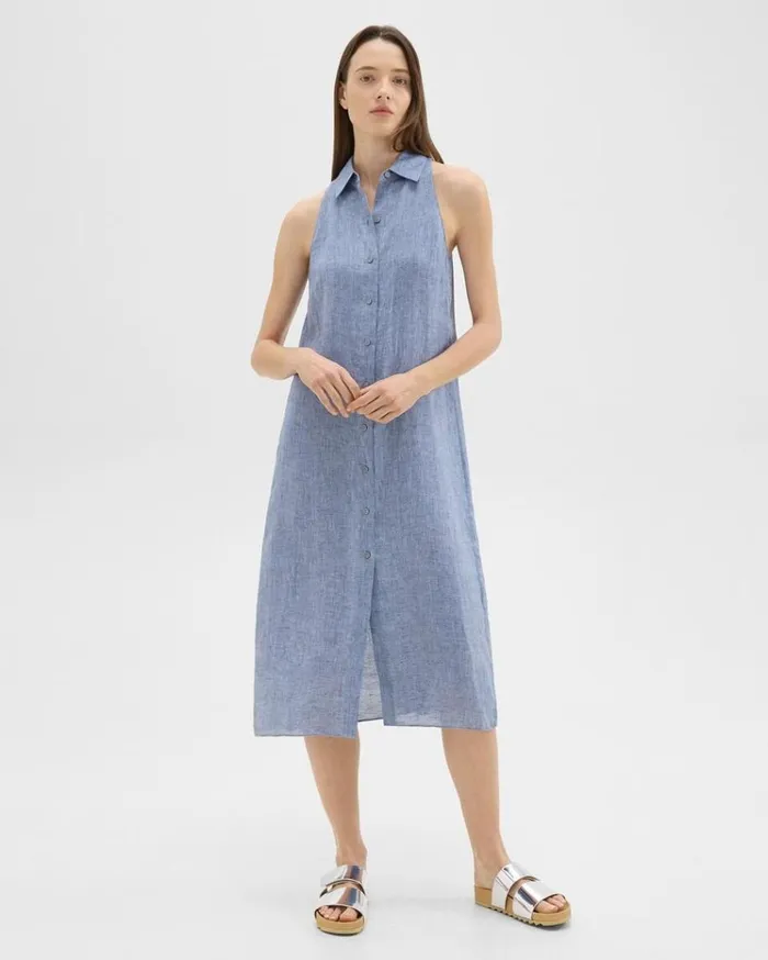 Theory Halter Neck Shirt Dress In Hemp Chambray Women Dresses