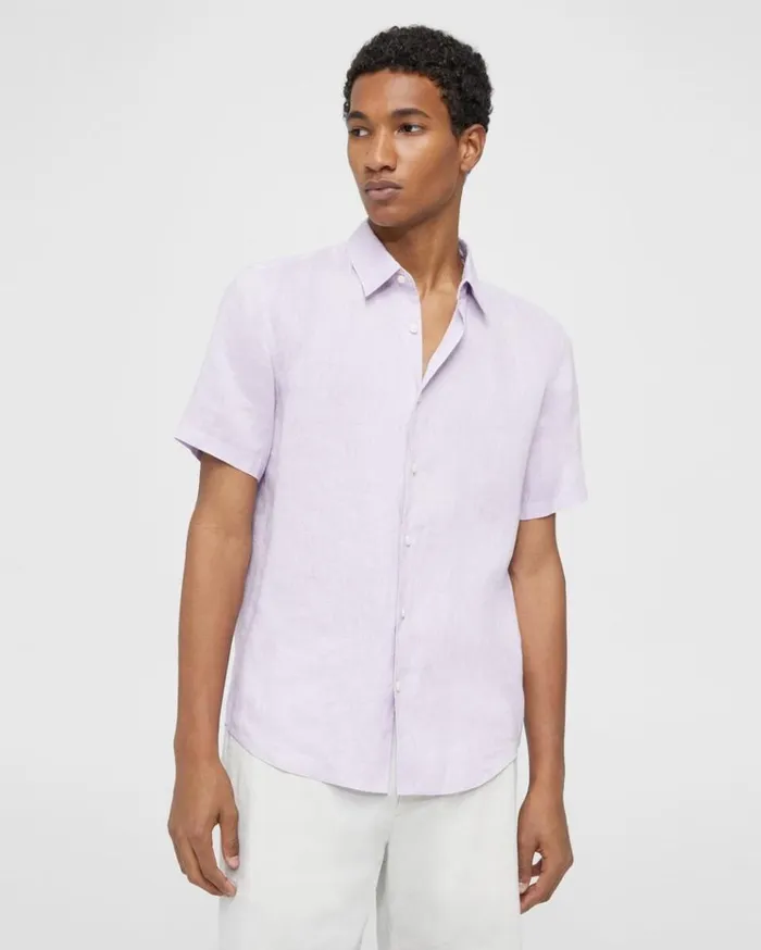 Theory Irving ShortSleeve Shirt In Relaxed Linen Misty Haze Men Shirts