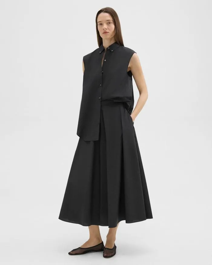 Theory Midi Circle Skirt In CottonBlend Black Women Skirts