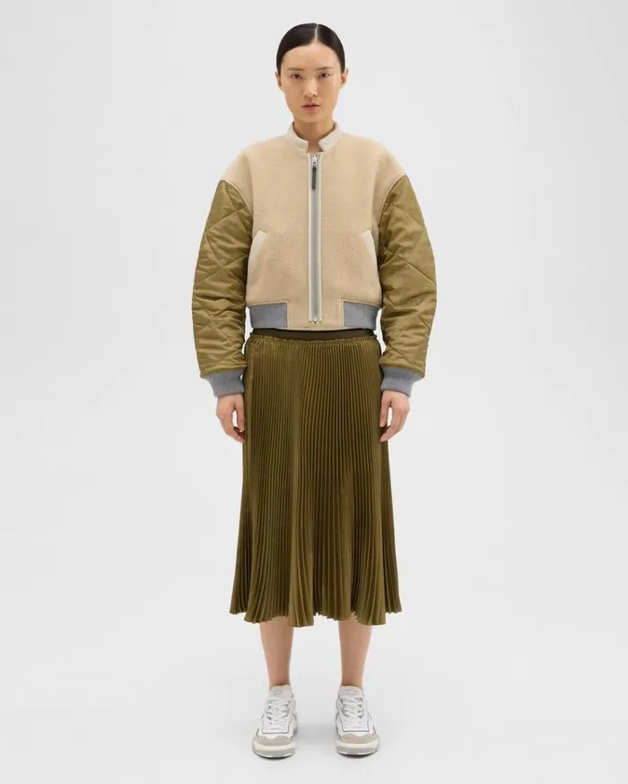 Theory Pleated Crinkle Twill Skirt Olive Women Skirts