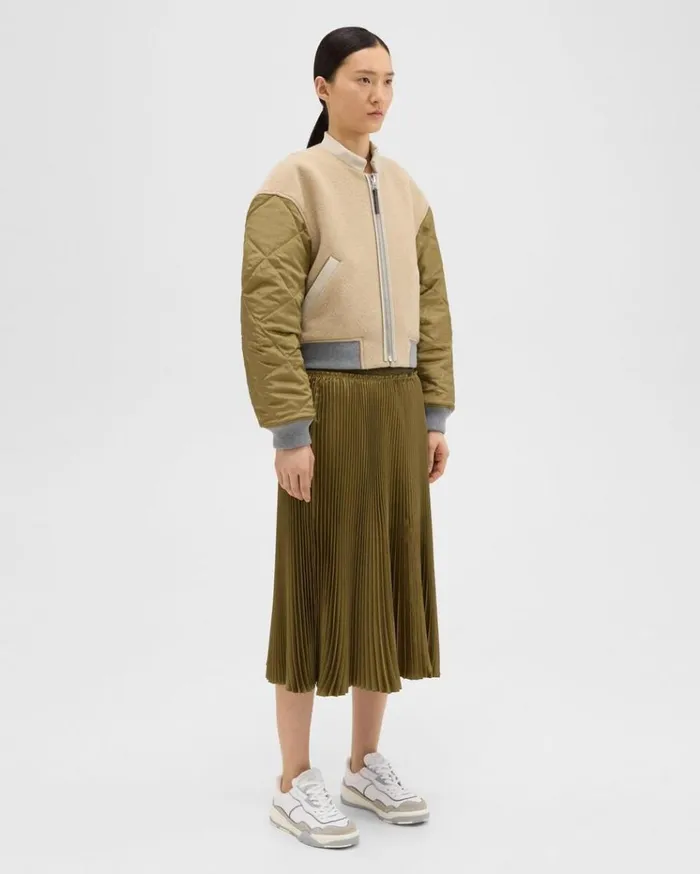 Theory Pleated Crinkle Twill Skirt Olive Women Skirts