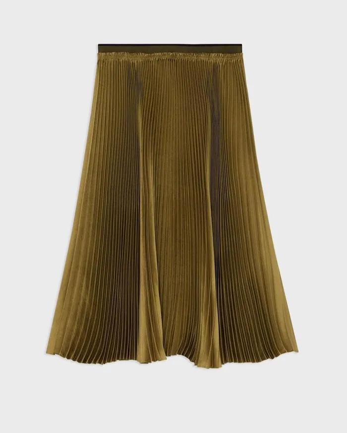 Theory Pleated Crinkle Twill Skirt Olive Women Skirts