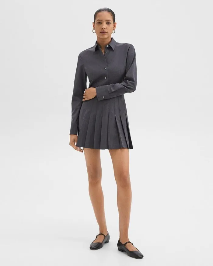 Theory Pleated Mini Shirt Dress In Stretch WoolBlend Charcoal Melange Women Dresses