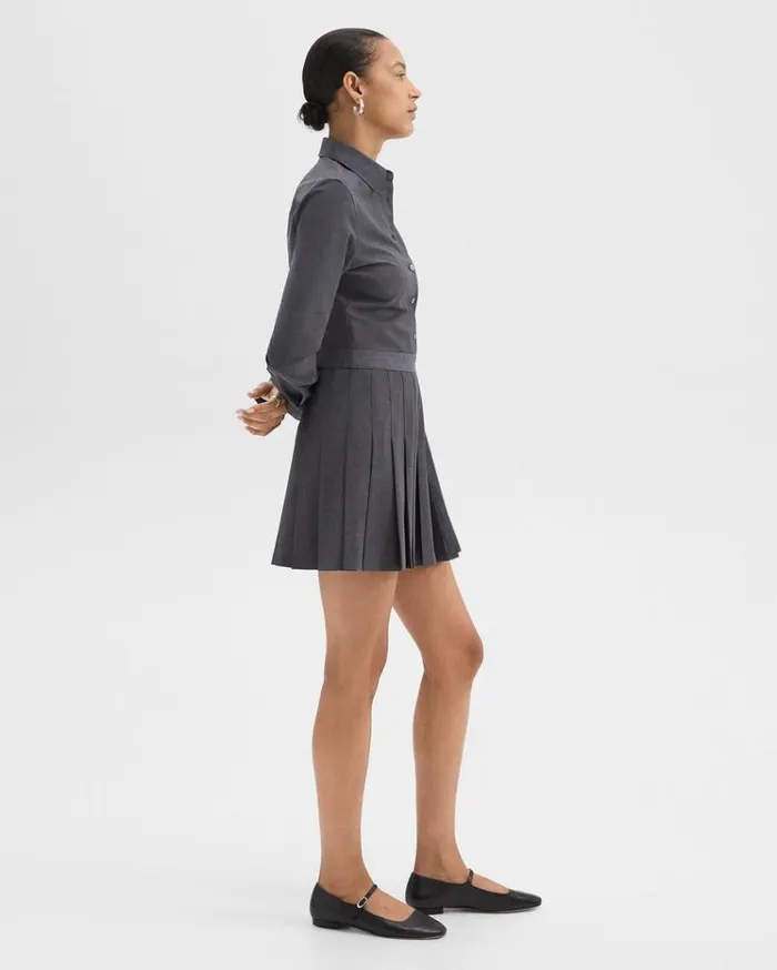 Theory Pleated Mini Shirt Dress In Stretch WoolBlend Charcoal Melange Women Dresses Theory Pleated Mini Shirt Dress In Stretch WoolBlend Charcoal Melange Women Dresses