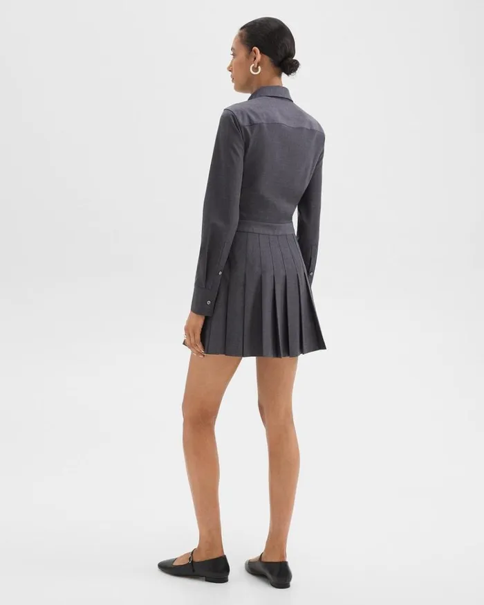 Theory Pleated Mini Shirt Dress In Stretch WoolBlend Charcoal Melange Women Dresses Theory Pleated Mini Shirt Dress In Stretch WoolBlend Charcoal Melange Women Dresses