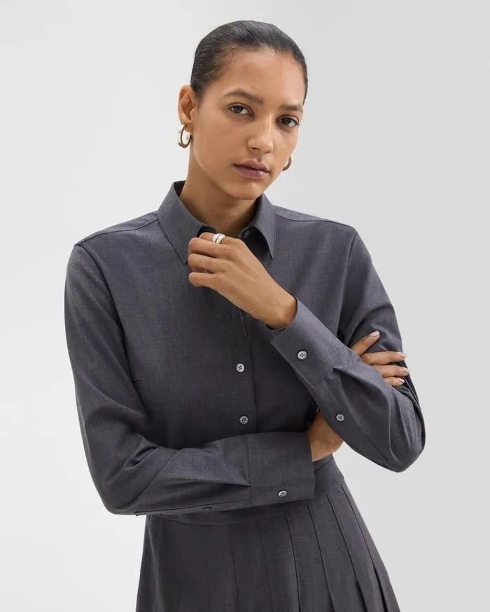 Theory Pleated Mini Shirt Dress In Stretch WoolBlend Charcoal Melange Women Dresses Theory Pleated Mini Shirt Dress In Stretch WoolBlend Charcoal Melange Women Dresses