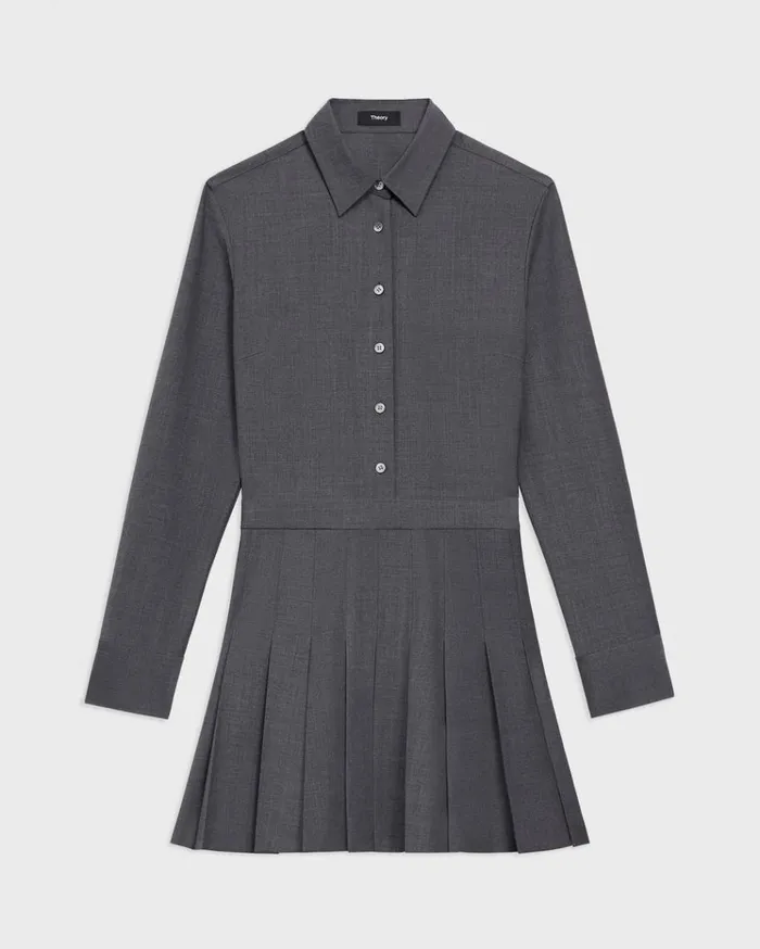 Theory Pleated Mini Shirt Dress In Stretch WoolBlend Charcoal Melange Women Dresses Theory Pleated Mini Shirt Dress In Stretch WoolBlend Charcoal Melange Women Dresses